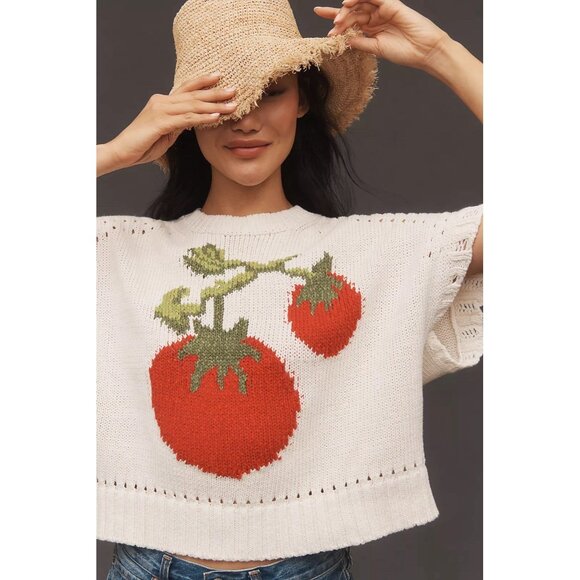 NWT Size 1X -Maeve Short-Sleeve Crew-Neck Veggie Motif Graphic Sweater Tomato - Picture 8 of 17
